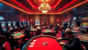 Experience the thrills of casino gaming at 789P with players at tables, vibrant decor, and excitement.