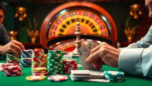 Exciting poker game at the NK88 casino table, highlighting vibrant chips and cards.