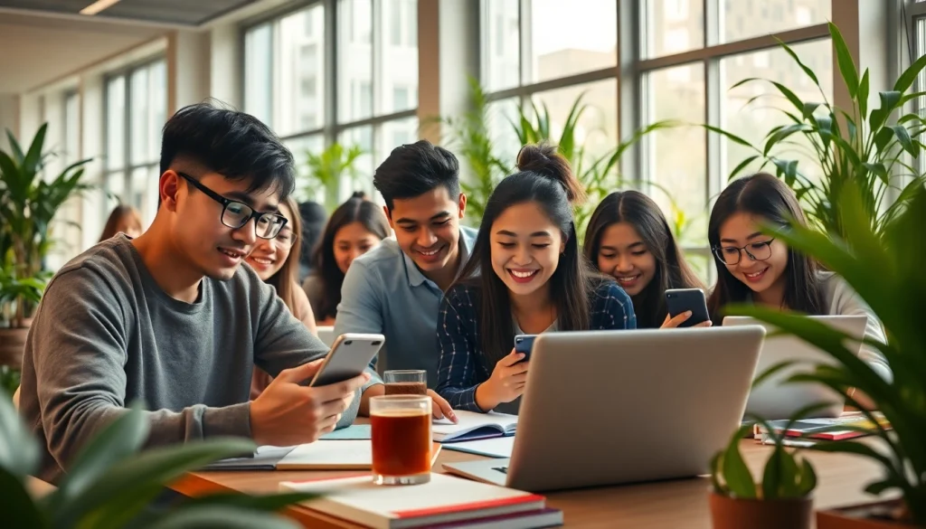 活気ある学習スペースでスタディサプリ TOEIC の進め方を使う学生たち。効果的な TOEIC 対策のために。
