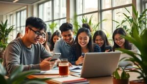 活気ある学習スペースでスタディサプリ TOEIC の進め方を使う学生たち。効果的な TOEIC 対策のために。