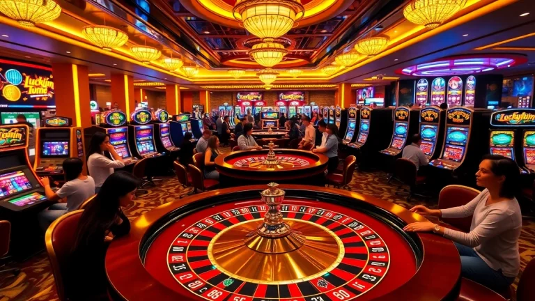 Experience the excitement of Luckywin at a luxurious casino with roulette and vibrant slot machines.