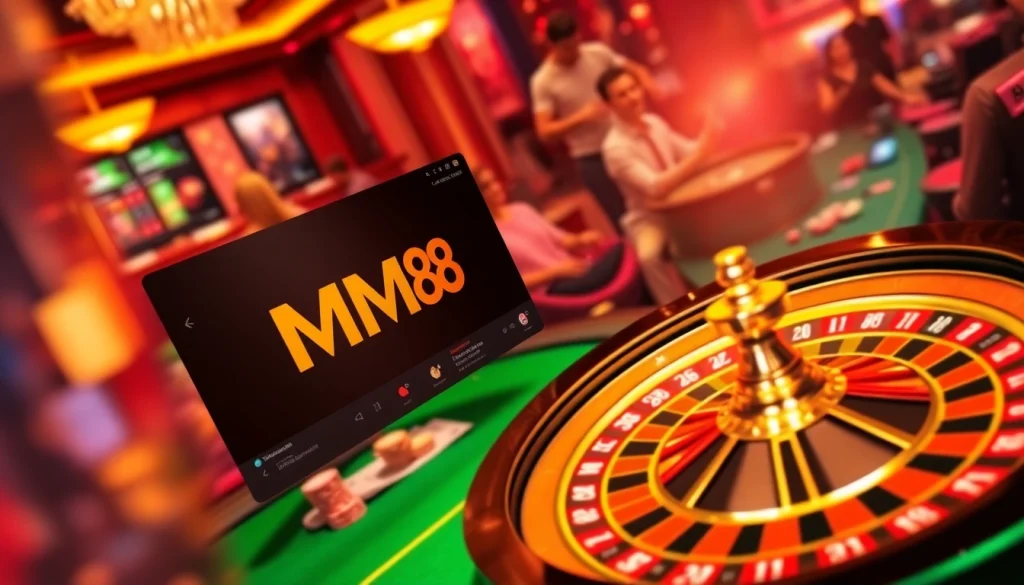 Experience the thrill of betting at MM88 with vibrant casino tables and roulette action.