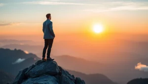 Empowered individual reflecting on how can short term goals best lead towards accomplishing long term career goals? atop a mountain.