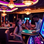 Players enjoying slot88 machines in a vibrant casino atmosphere, showcasing excitement and luxury.