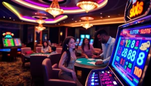 Players enjoying slot88 machines in a vibrant casino atmosphere, showcasing excitement and luxury.