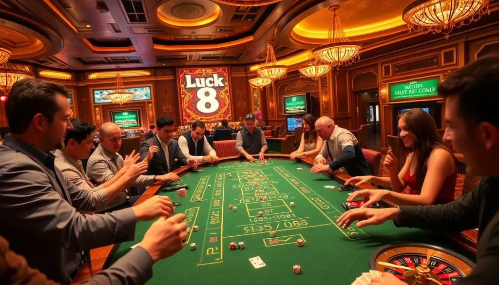 Experience the thrill of luck 8 in an exciting casino scene filled with dice rolls and bets.