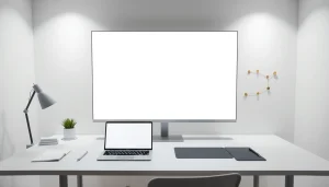 Bright workspace featuring tela branca on a fullscreen display to enhance focus and lighting.