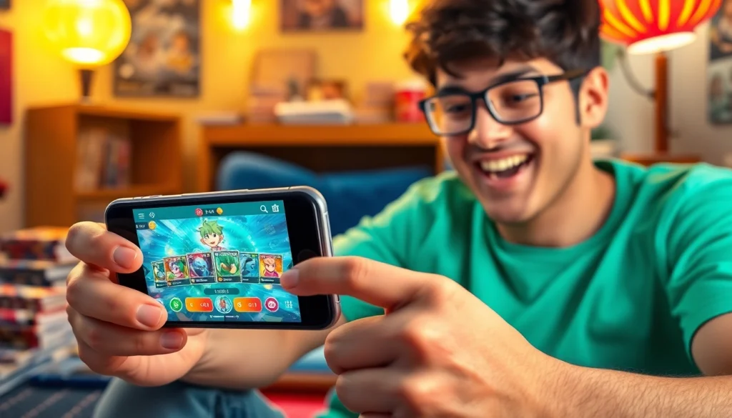 DOPAオリパ無料: スマートフォン上でカラフルなトレーディングカードに興奮して操作するユーザー、オンラインゲーム体験を披露。