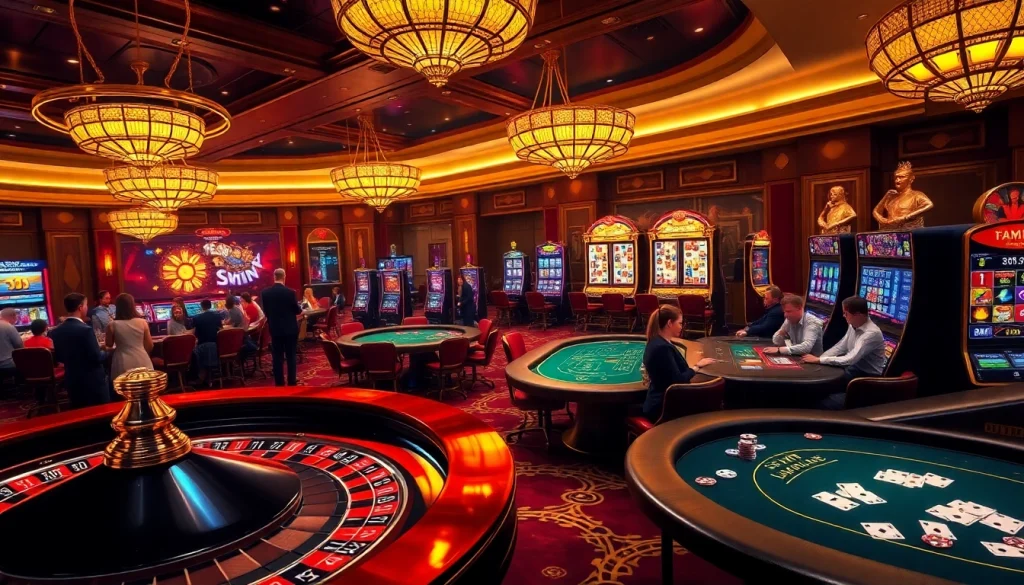 Experience excitement at 32win.com in a luxurious casino setting with vibrant gaming tables and players.