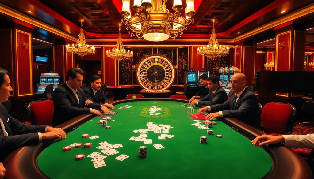 Engaging scene of a professional casino with poker table, chips, and high stakes action at Trang chủ.