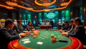 Exciting casino scene featuring players at blackjack tables with elements from New88bet.us.