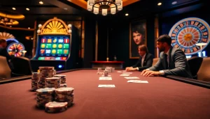 Exciting poker game at a Man88 casino table with vibrant chips and cards.