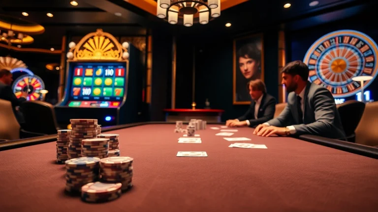 Exciting poker game at a Man88 casino table with vibrant chips and cards.
