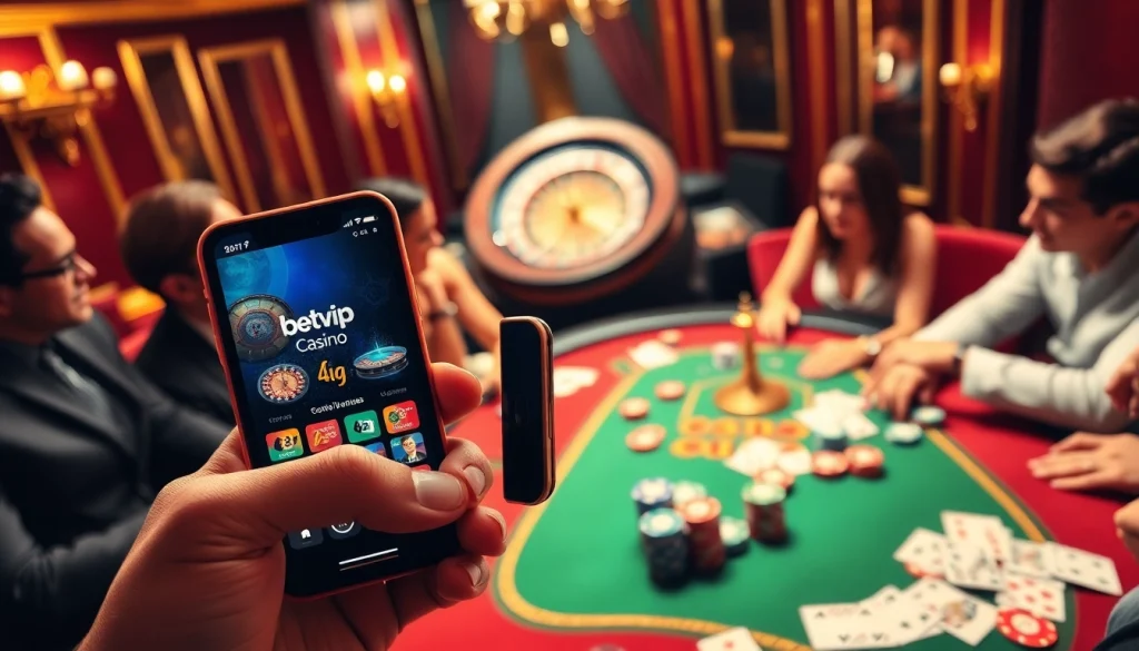 Tương tác với ứng dụng BetVIP trên điện thoại thông minh giữa bầu không khí casino đầy nhộn nhịp với poker và roulette.