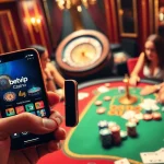 Tương tác với ứng dụng BetVIP trên điện thoại thông minh giữa bầu không khí casino đầy nhộn nhịp với poker và roulette.
