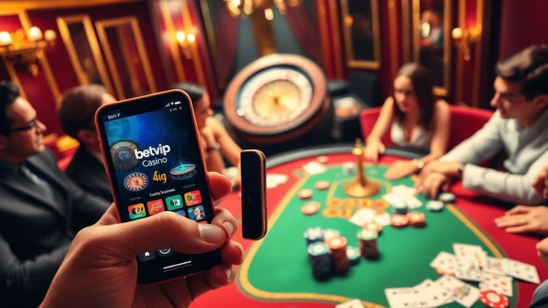 Tương tác với ứng dụng BetVIP trên điện thoại thông minh giữa bầu không khí casino đầy nhộn nhịp với poker và roulette.