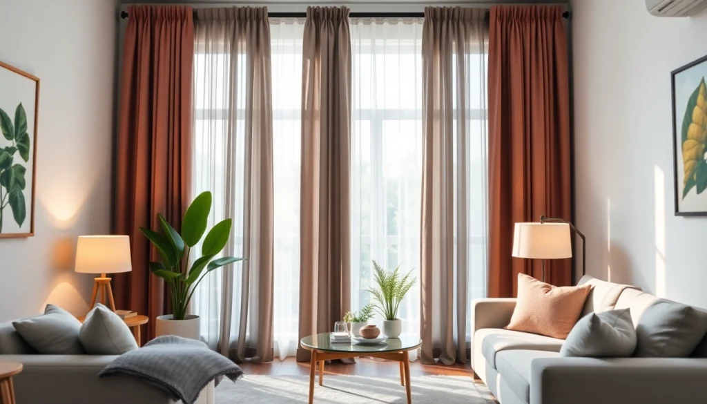 Verduisterende gordijnen in een moderne woonkamer met natuurlijk licht en een stijlvolle inrichting.