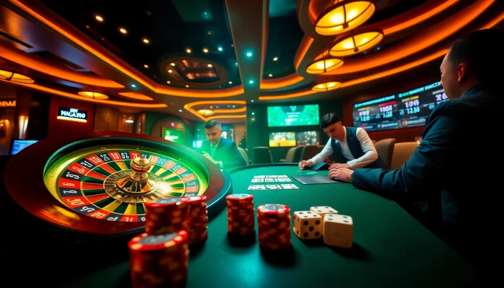 Naga99 players enjoying an exhilarating game at a vibrant online casino table with bright lights