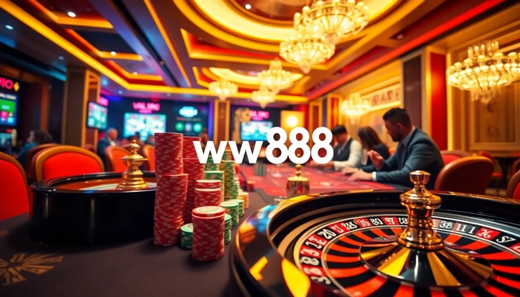 Engaging scene of ww88 casino gaming with players at a roulette table and colorful poker chips.