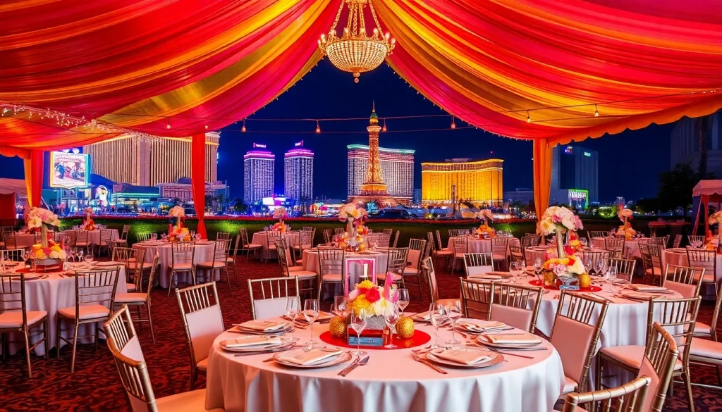 Las Vegas Party Rentals setup with colorful tents and elegant decor for events.