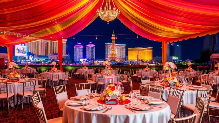 Las Vegas Party Rentals setup with colorful tents and elegant decor for events.