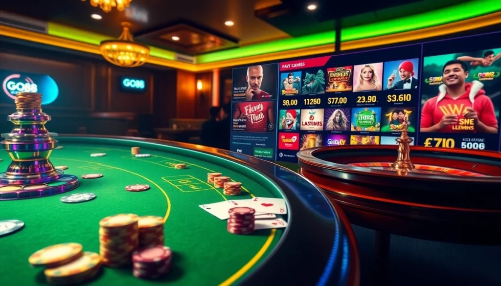 Experience dynamic gameplay at GO88 with exciting casino visuals featuring poker chips and roulette.