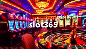 Players enjoying the excitement of slot365 with vibrant slot machines and roulette tables.