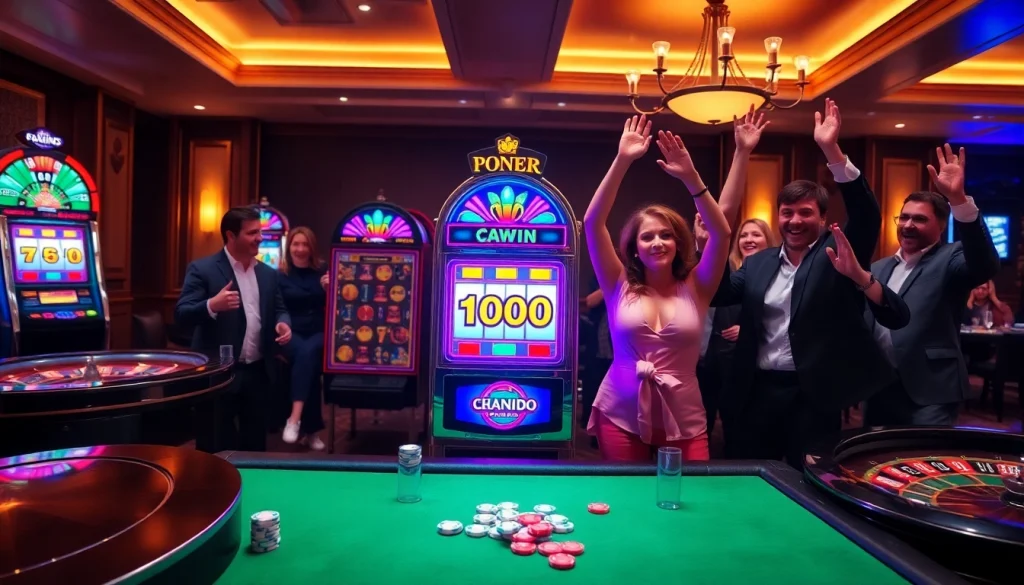 Gambling action featuring a slot deposit 1000 and excited players celebrating wins at a casino.