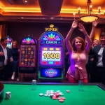 Gambling action featuring a slot deposit 1000 and excited players celebrating wins at a casino.