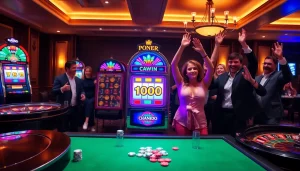Gambling action featuring a slot deposit 1000 and excited players celebrating wins at a casino.