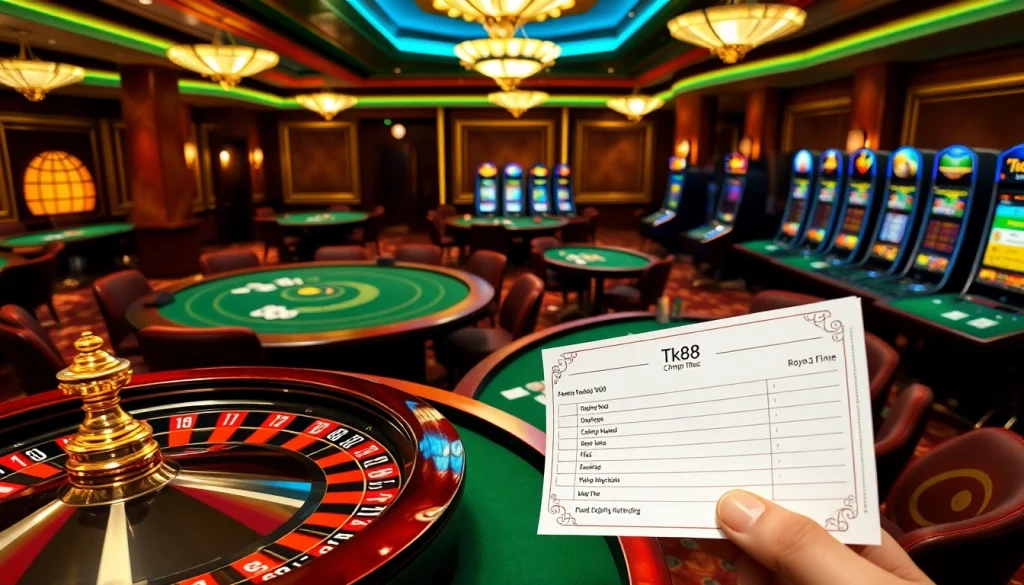 Experience the thrill of gaming at Tk88 chính thức with vibrant casino tables and slot machines.