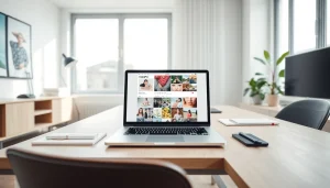InstaPro app displayed on a sleek laptop in a modern home office workspace.