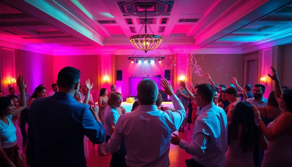 Sydney wedding DJ performing at a lively wedding reception filled with dancing guests and colorful lights.