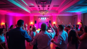 Sydney wedding DJ performing at a lively wedding reception filled with dancing guests and colorful lights.