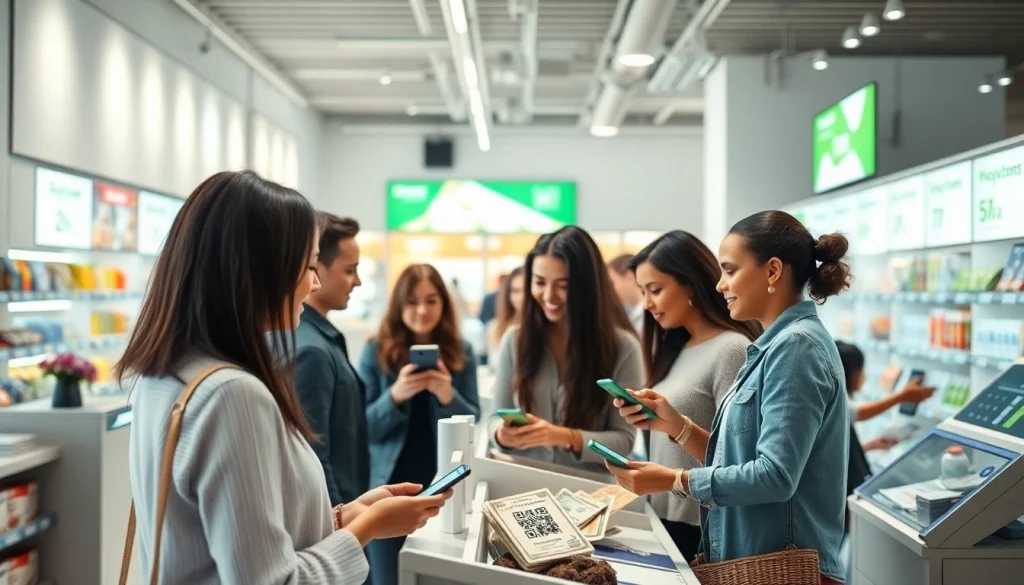 モバイルおよびデジタル決済オプションを利用する顧客が、現代の小売レジ環境でキャッシュレス決済を使用している様子。