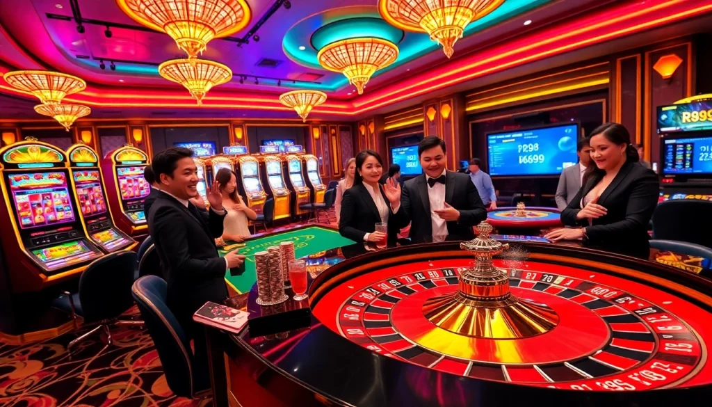 Players engaging in thrilling RR99 game action at a luxurious casino setting.
