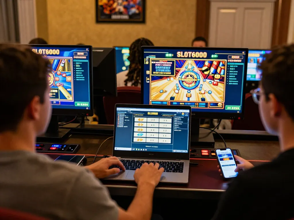 SLOT6000 players strategizing and enjoying vibrant online slot games in a modern gaming setup.