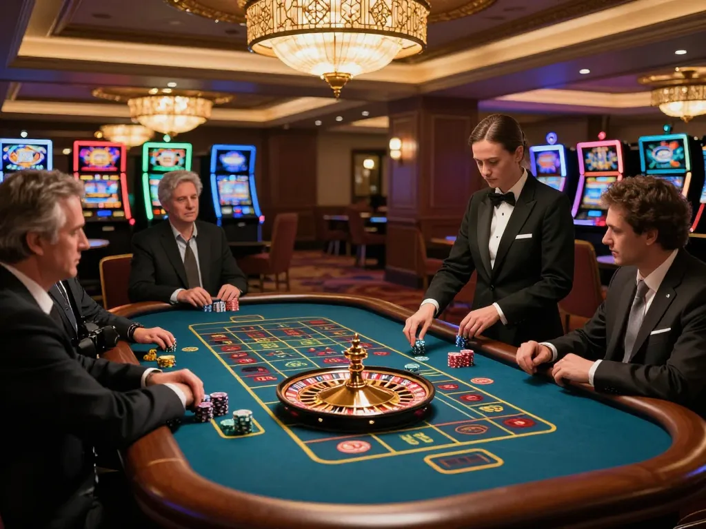 Da88 roulette game at a luxury casino with players placed around the table, vibrant colors, and sophisticated ambiance.
