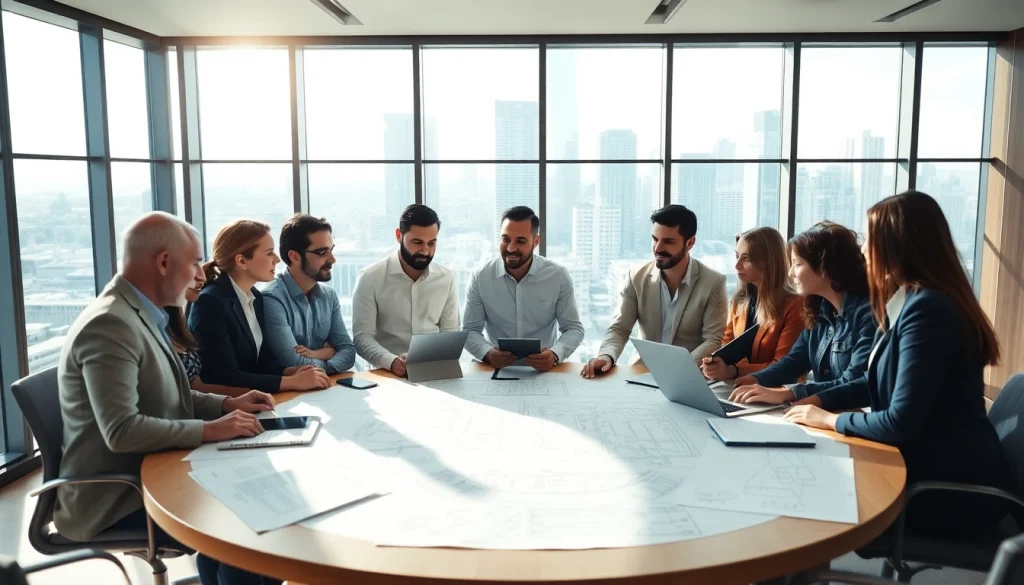 Members of a construction association collaborating over blueprints in a bright conference room.