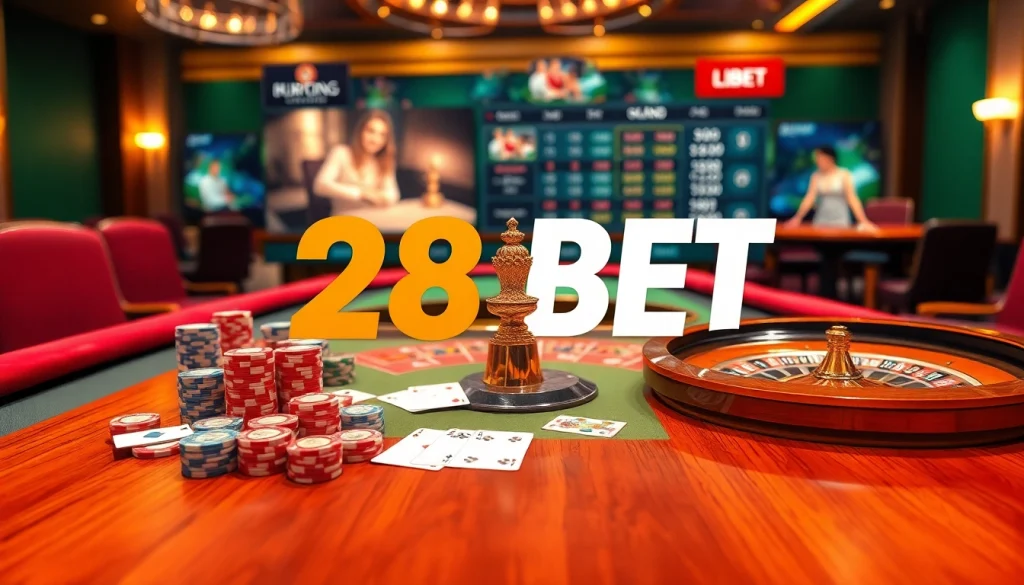 Experience the thrill of betting at 28BET with vibrant poker chips and roulette in a luxurious casino scene.