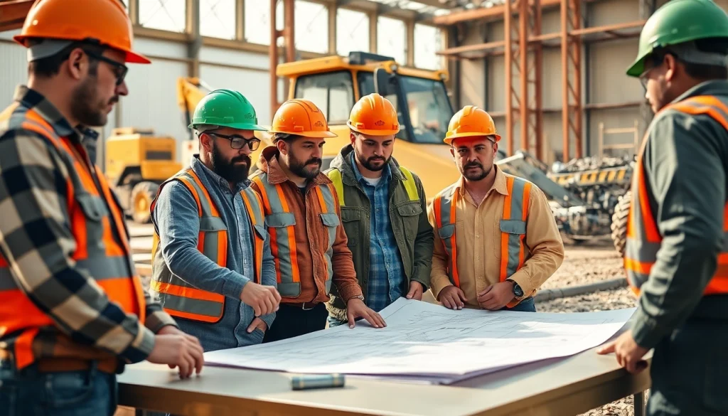 Tennessee construction association team collaborating at a job site with blueprints.