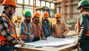 Tennessee construction association team collaborating at a job site with blueprints.