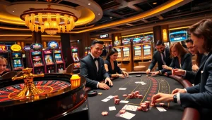 Players enjoying the thrilling games at SHBET casino, featuring vibrant slot machines and poker tables.