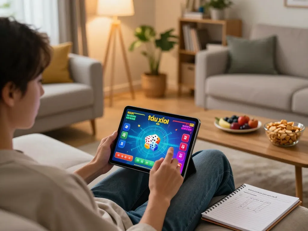 Engaging in game tài xỉu while comfortably seated at home during a cozy gaming session