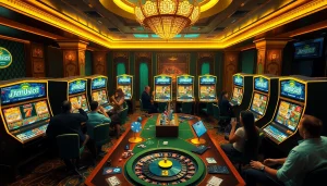 Excited players winning at JAmUslOt slot machines in a luxurious casino setting.