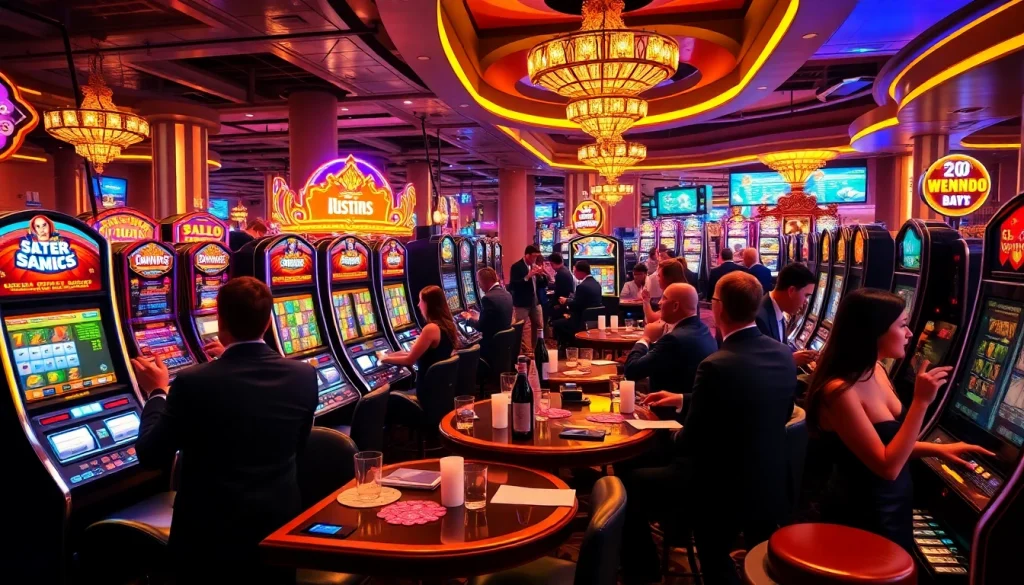 Excited players enjoying slot machines at https://nohudoithuong.us/, showcasing vibrant casino atmosphere.