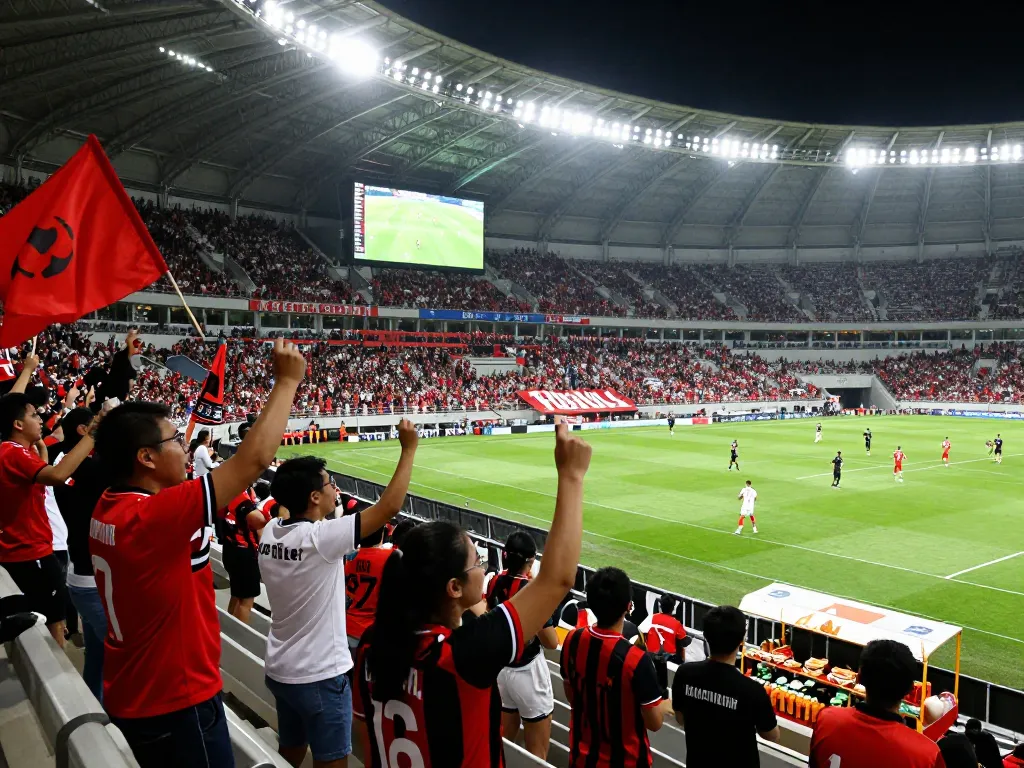 Cakhia tv fans cheering passionately during a live soccer match at a vibrant stadium, creating an electric atmosphere.