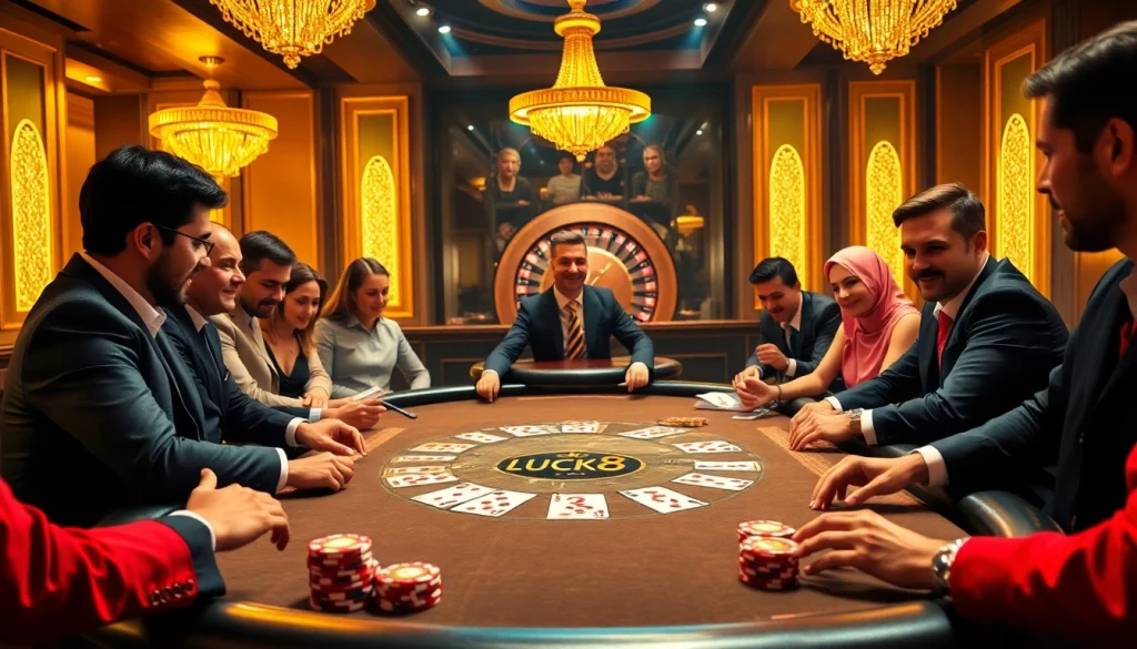 LUCK8 players enjoying an exciting game at a luxurious casino poker table.