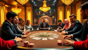 LUCK8 players enjoying an exciting game at a luxurious casino poker table.