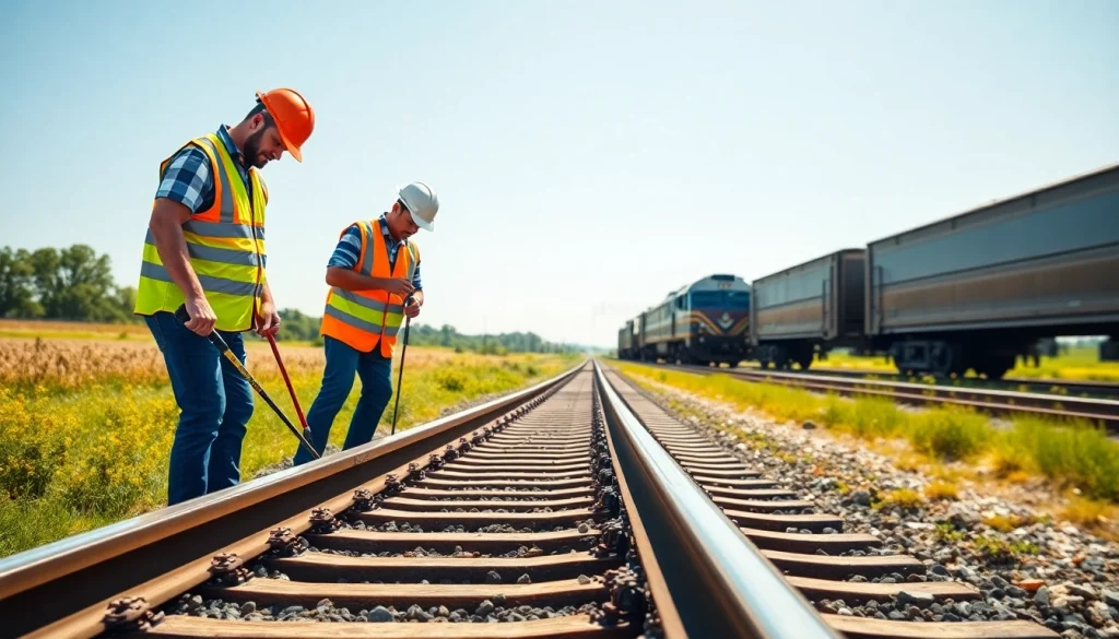 Conducting railroad maintenance with professionals inspecting the tracks closely.